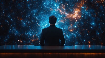 Fototapeta premium Man in suit observes colorful nebula from control room