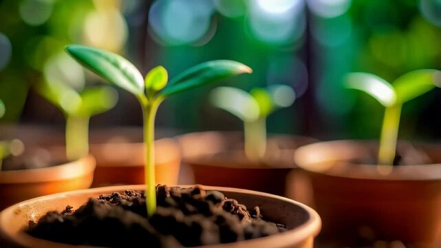 Seedlings emerging from soil in terracotta pots bathed in sunlight, symbolizing new beginnings and organic growth in a garden setting.