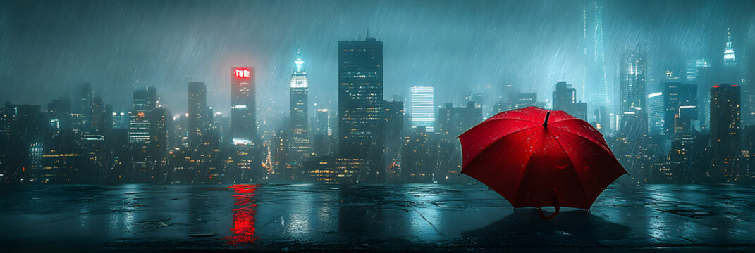 Moody Climate Resilience Cinematic Red Umbrella in Urban Rainfall Landscape - Atmospheric Environmental Design for Adaptive Urban Narratives - Powered by Adobe