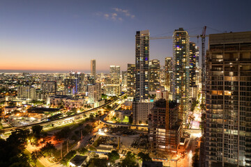 Downtown district of Miami Brickell in Florida, USA at sunset. Urban landscape of high-rise...