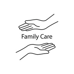 Obraz premium family care logo with thin line hand. contour flat style trend modern linear mommy love sign graphic art design isolated on white background. concept of mom or dad assistance kid or parenthood secure