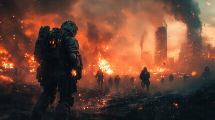 Obraz premium close-up of armored soldiers firing weapons in urban firefight 