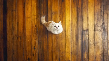 White fluffy cat with blue eyes lying on a wooden floor looking up