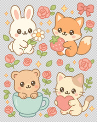 Cute cartoon animals (bunny, fox, bear, cat) with flowers in pastel colors. Perfect for children’s stickers, nursery prints, baby shower invitations, kawaii designs, and kids’ products. Flat vector 