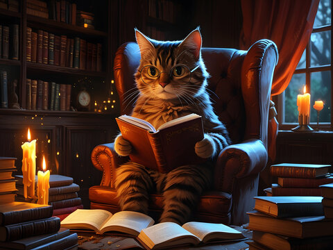 Adorable cat reads books in a cozy library surrounded by candles and warm ambience