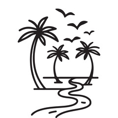 Simple illustration of palm trees beach and birds in black and white design.