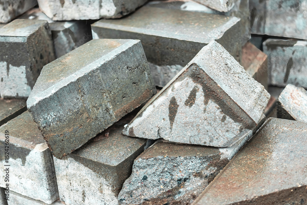 Poster stacked concrete blocks in a construction site with varying shapes and textures during daylight