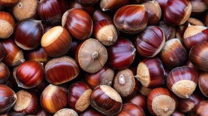 Obraz premium Closeup of shiny chestnuts, Whole brown chestnuts texture, Ideal for healthy food and organic nut product visuals