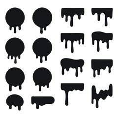 Dripping paint icon set. Current liquid. Paint flows. Melted circle logo. Current paint, stains. Current inks.