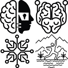 Minimalist Black and White Line Art of a Human Brain Circuit Lines Technology, Artificial Intelligence, Innovation Symbol, Geometric, and Human Figure in Nature Design Illustration