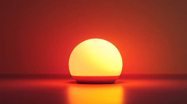 a glowing round lamp light, with an orange and red light on the top is placed in an empty, dark space, The background of the screen features orange and red gradient tones, creating a minimalist compos