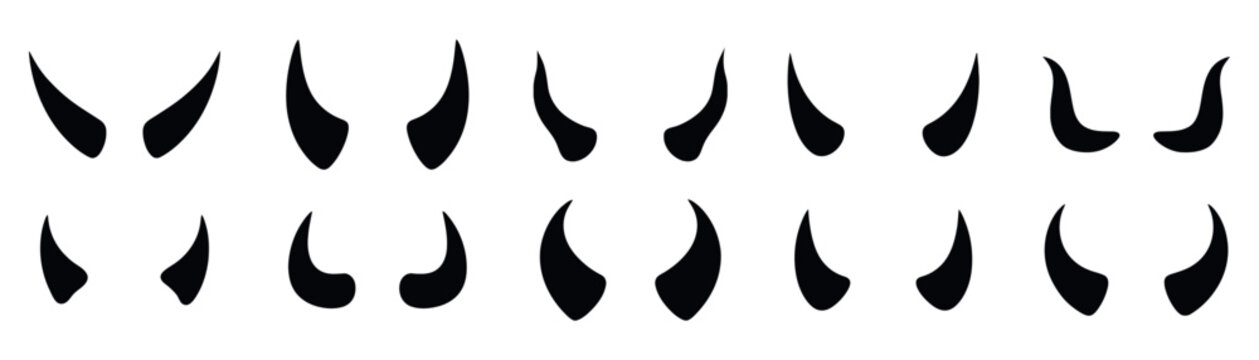Set of black silhouettes of horns with curved shape. Halloween. Isolated on white background.