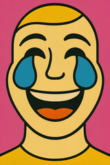 Obraz premium A cartoon face with tears of laughter and a big smile, rendered with bold outlines on a vibrant background.