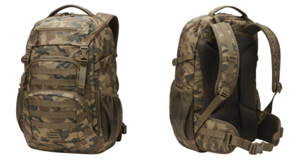 Back to Back Backpacks with Camo Accents, isolated on white or transparent background. PNG