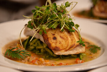 Fresh fish with scalloped potatoes and microgreens