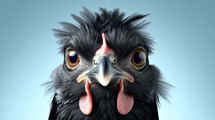 Close-up of a bird's face with a humorous and expressive appearance against a plain background