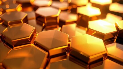 Metallic golden hexagonal tile pattern, a reflective background featuring a luxury design, with strong depth of field and bokeh effects for a polished appearance - Powered by Adobe
