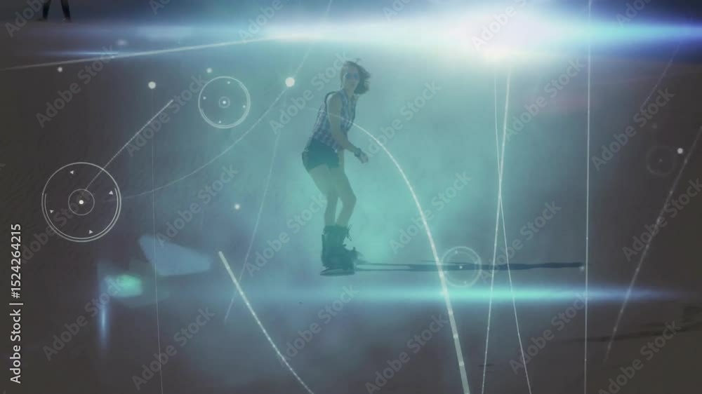 Poster motion-triggered effect driving woman balancing on board while tech graphics showing design flow