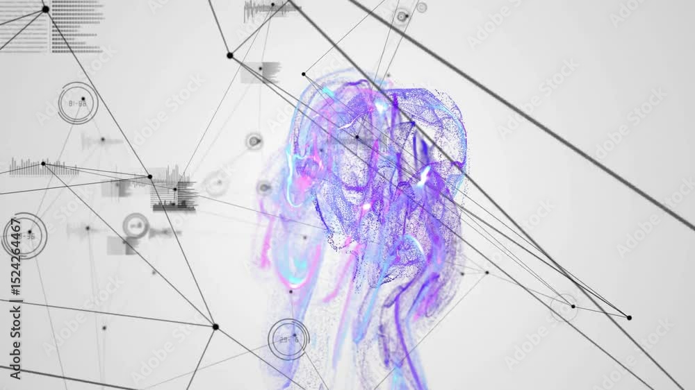 Poster purple-blue mist appearing coalescing form and nodes extending animating overlays mapping network