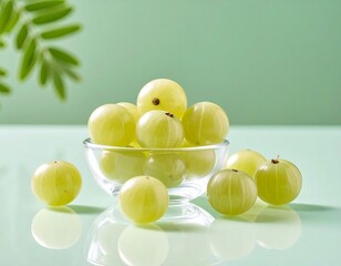 Ethereal Indian gooseberry crafted from translucent glass, glowing softly with delicate green hues