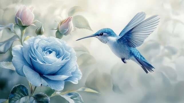 Blue rose with hummingbird flying on it, white background, a watercolor painting with intricate design, high resolution, soft lighting, elegant and sophisticated atmosphere