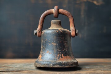Vintage Metal Bell with Rusty Handle on Wooden Surface Background
