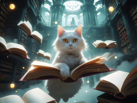 Magical white cat surrounded by floating books in a majestic library scene - Powered by Adobe