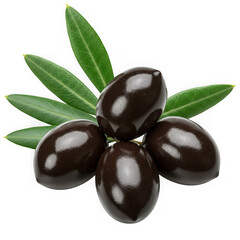 Pile of black olives with leaves on transparent background
