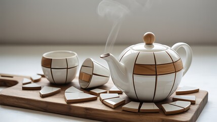 Elegant Tea Set Wooden Tray & Ceramic Teapot