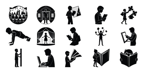 Obraz premium Silhouette Icons Education, Hobbies, and Activities for Kids
