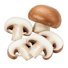 Brown mushrooms and slices on transparent background