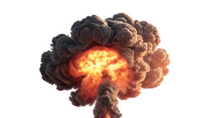 Massive fiery explosion with thick smoke cloud rising in a dramatic mushroom shape, isolated on white background, ideal for action, war, disaster, or cinematic visual effects themes.