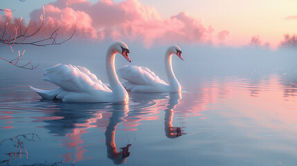 Tranquil Twilight: Swans Gracefully Adrift on Glassy Waters