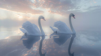 Tranquil Twilight: Swans Gracefully Adrift on Glassy Waters