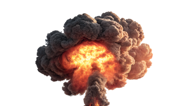 Massive fiery explosion with thick smoke cloud rising in a dramatic mushroom shape, isolated on white background, ideal for action, war, disaster, or cinematic visual effects themes.
