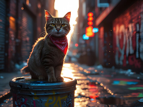 Urban cat portrait with red bandana sitting on a barrel in a graffitied city alley