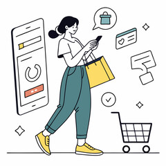 Flat design illustration of a woman shopping online using a mobile app, surrounded by products 