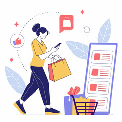 Flat design illustration of a woman shopping online using a mobile app, surrounded by products 