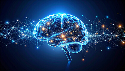 Digital depiction of a brain with radiant synapses and branching technology lines, contrasted by light accents on a dark background, conveying AI and deep learning themes