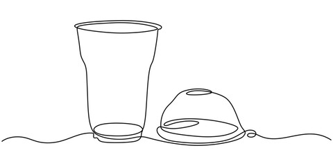 Plastic cup with dome lid continuous one line drawing, Cup with dome. Icon on Red background with shadow, Single line drawing of a hand holding a cup of iced coffee. Clear plastic cup with sphere