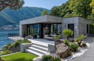 Modern villa with panoramic windows overlooking the lake, garden, and terrace on an urban hillside