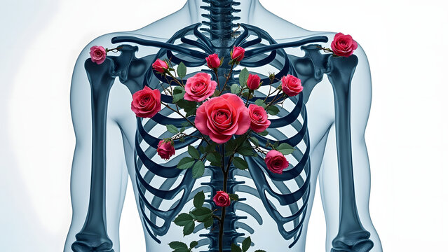 Creative concept showing human chest x ray with blooming red roses growing inside ribcage, symbolizing life and beauty