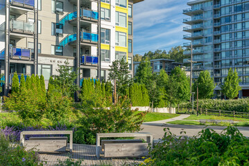Modern apartment building with nice summer landscape in Vancouver, Canada, North America. Day time...