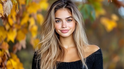 Naklejka premium Beautiful young woman with blonde hair smiling outdoors during autumn