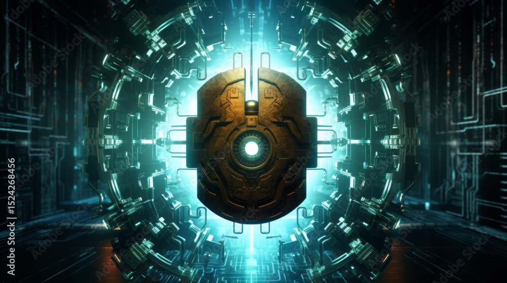 Poster glowing padlock on a digital circuit board to represent advanced cybersecurity