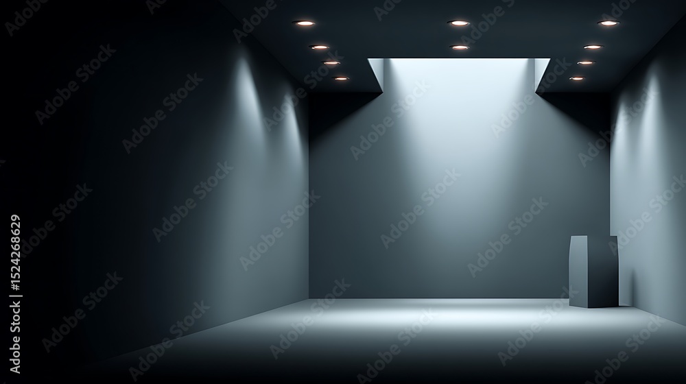 Poster a minimalist architectural rendering of an empty room with subtle lighting