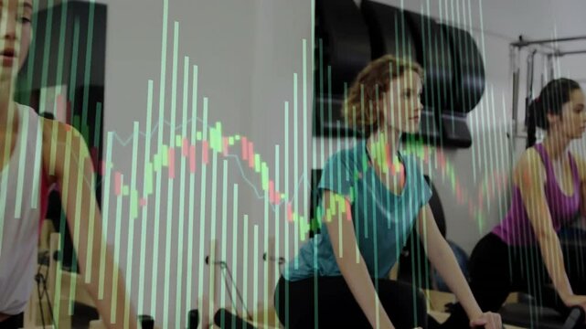 Five women squatting Pilates reformers kneeling pushing pulling on trainer cue, candlestick chart