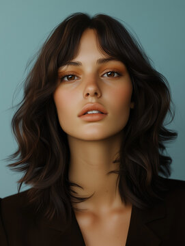 Editorial fashion portrait of a Brazilian woman in her late 30s wearing a 1970s pageboy haircut with bangs