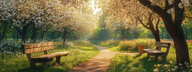 Peaceful Spring Orchard Blooming Trees Benches Pathway