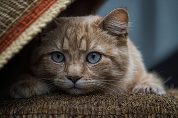 Retrato cautivador y detallado de un gato color jengibre con distintivos ojos celestes, acurrucado sobre una superficie texturizada o en su cama, observando con calma y atención. 